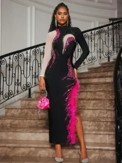 Dresses|Midi Dresses*Bandage Aakifah Rhinestone Feather Midi Dress