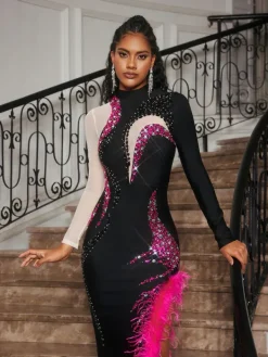 Dresses|Midi Dresses*Bandage Aakifah Rhinestone Feather Midi Dress