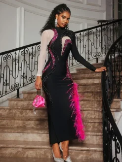 Dresses|Midi Dresses*Bandage Aakifah Rhinestone Feather Midi Dress