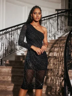 Dresses|Midi Dresses*Mew Mews Fashion Abene One Shoulder Crystal Mesh Midi Dress