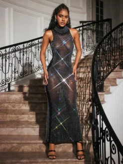 Dresses|Maxi Dresses*Mew Mews Fashion Abetzi Sleeveless Rhinestone Mesh Maxi Dress