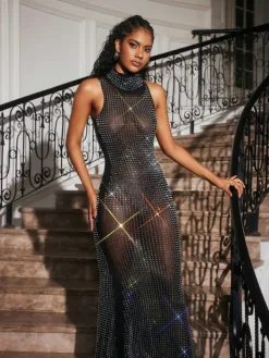 Dresses|Maxi Dresses*Mew Mews Fashion Abetzi Sleeveless Rhinestone Mesh Maxi Dress