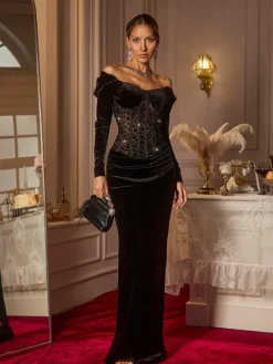 Dresses|Maxi Dresses*Mew Mews Fashion Abihail Off Shoulder Rhinestone Velvet Maxi Dress