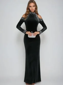 Dresses|Maxi Dresses*Mew Mews Fashion Aceso Long Sleeve Pearl Crystal Velvet Dress