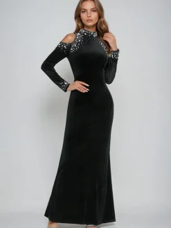 Dresses|Maxi Dresses*Mew Mews Fashion Aceso Long Sleeve Pearl Crystal Velvet Dress