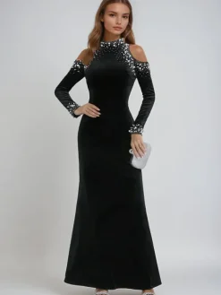 Dresses|Maxi Dresses*Mew Mews Fashion Aceso Long Sleeve Pearl Crystal Velvet Dress