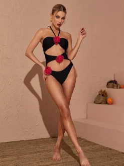 Bikini Sets*Mew Mews Fashion Addy Halterneck Cutout Embellished Swimsuit In Black
