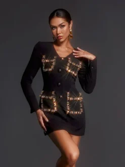 Dresses|Mini Dresses*Mew Mews Fashion Adeola Long Sleeve Rhinestone Mini Dress