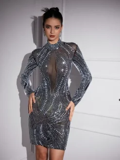 Embellishment|Dresses*Embellishment Adira Long Sleeve Rhinsetone Embellished Mini Dress