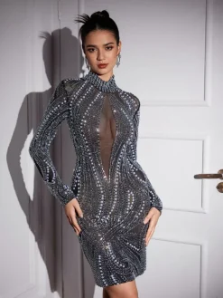 Embellishment|Dresses*Embellishment Adira Long Sleeve Rhinsetone Embellished Mini Dress