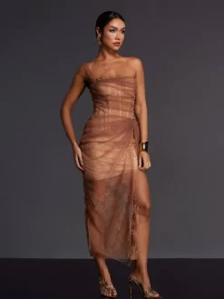 Mini Dresses|Dresses*Mew Mews Fashion Adler One Shoulder Lace Mesh Midi Dress