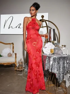Dresses|Maxi Dresses*Mew Mews Fashion Aedin Halterneck Flower Maxi Dress In Red