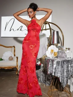 Dresses|Maxi Dresses*Mew Mews Fashion Aedin Halterneck Flower Maxi Dress In Red