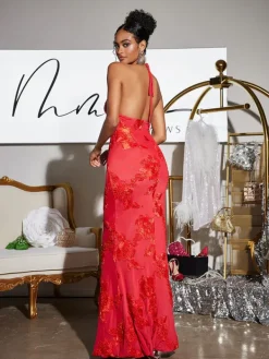 Dresses|Maxi Dresses*Mew Mews Fashion Aedin Halterneck Flower Maxi Dress In Red