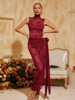 Dresses|Maxi Dresses*Mew Mews Fashion Aelithra High Neck Split Flower Maxi Dress In Wine