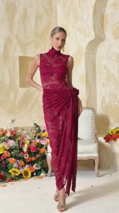 Dresses|Maxi Dresses*Mew Mews Fashion Aelithra High Neck Split Flower Maxi Dress In Wine