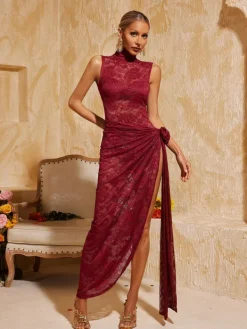 Dresses|Maxi Dresses*Mew Mews Fashion Aelithra High Neck Split Flower Maxi Dress In Wine