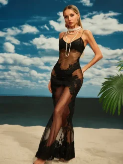 Dresses|Maxi Dresses*Mew Mews Fashion Aerith Lace Mesh Maxi Dress In Black