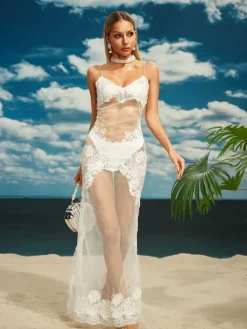 Dresses|Maxi Dresses*Mew Mews Fashion Aerith Lace Mesh Maxi Dress In White