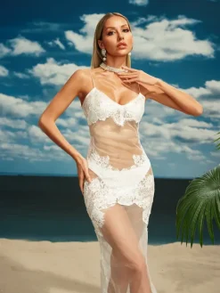 Dresses|Maxi Dresses*Mew Mews Fashion Aerith Lace Mesh Maxi Dress In White