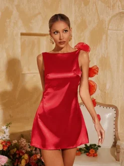 Dresses|Mini Dresses*Mew Mews Fashion Aevorix Backless Flower Satin Mini Dress In Red