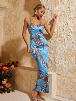 Dresses|Midi Dresses*Mew Mews Fashion Aevryn Spaghetti Leopard Midi Dress In Blue