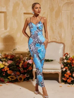 Dresses|Midi Dresses*Mew Mews Fashion Aevryn Spaghetti Leopard Midi Dress In Blue