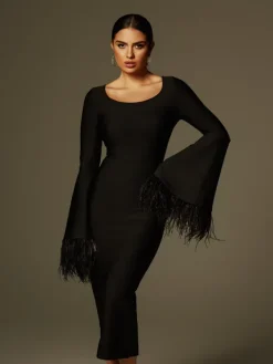 Dresses|Midi Dresses*Bandage Ailyn Round Neck Feather Midi Dress