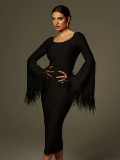 Dresses|Midi Dresses*Bandage Ailyn Round Neck Feather Midi Dress