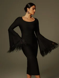 Dresses|Midi Dresses*Bandage Ailyn Round Neck Feather Midi Dress