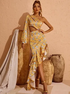 Dresses|Maxi Dresses*Mew Mews Fashion Aiyana One Shoulder Floral Maxi Dress In Yellow