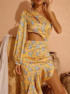 Dresses|Maxi Dresses*Mew Mews Fashion Aiyana One Shoulder Floral Maxi Dress In Yellow