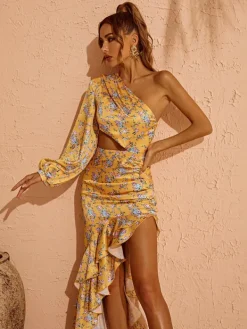 Dresses|Maxi Dresses*Mew Mews Fashion Aiyana One Shoulder Floral Maxi Dress In Yellow