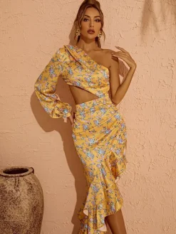 Dresses|Maxi Dresses*Mew Mews Fashion Aiyana One Shoulder Floral Maxi Dress In Yellow
