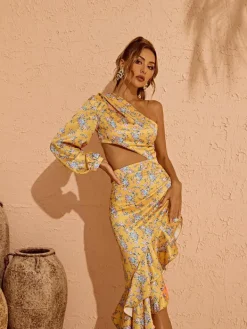 Dresses|Maxi Dresses*Mew Mews Fashion Aiyana One Shoulder Floral Maxi Dress In Yellow