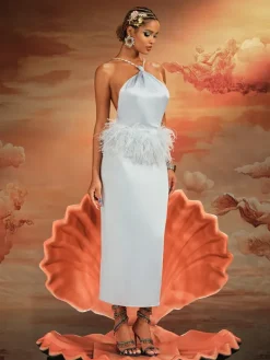 Dresses|Midi Dresses*Mew Mews Fashion Aizza Backless Pearl Fringe Satin Midi Dress