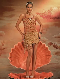 Beaded Wear|Dresses*Mew Mews Fashion O/S Akay Gemstone Beaded Fringe Dress
