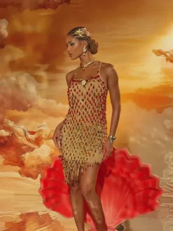 Beaded Wear|Dresses*Mew Mews Fashion O/S Akay Gemstone Beaded Fringe Dress