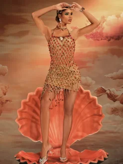 Beaded Wear|Dresses*Mew Mews Fashion O/S Akay Gemstone Beaded Fringe Dress