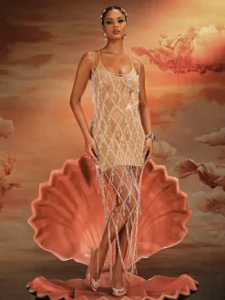 Beaded Wear|Dresses*Mew Mews Fashion O/S Akello Bead Rhinestone Fringe Dress