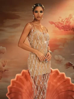 Beaded Wear|Dresses*Mew Mews Fashion O/S Akello Bead Rhinestone Fringe Dress
