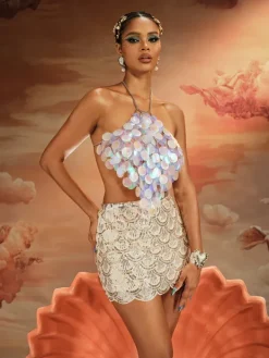 Tops*Mew Mews Fashion O/S Akili Halterneck Sequin Scale Top In Mermaid