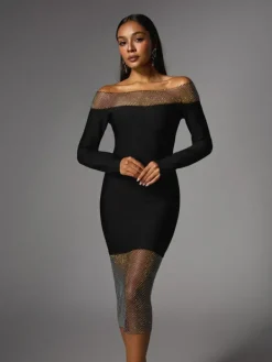 Dresses|Midi Dresses*Bandage Akuna Off Shoulder Crystal Midi Dress