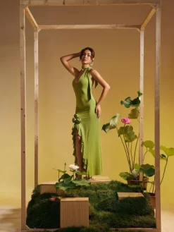 Dresses|Maxi Dresses*Mew Mews Fashion Alara Halterneck Flower Ruffle Maxi Dress In Green