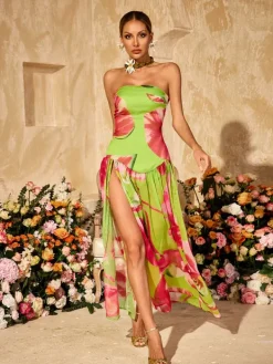 Dresses|Maxi Dresses*Mew Mews Alikae Strapless Printed Split Maxi Dress