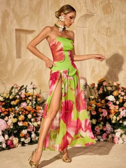 Dresses|Maxi Dresses*Mew Mews Alikae Strapless Printed Split Maxi Dress