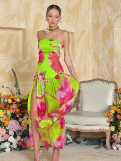 Dresses|Maxi Dresses*Mew Mews Alikae Strapless Printed Split Maxi Dress