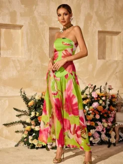 Dresses|Maxi Dresses*Mew Mews Alikae Strapless Printed Split Maxi Dress