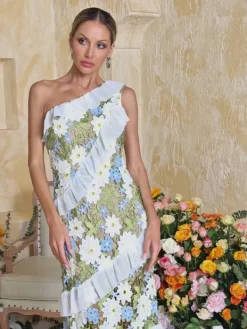 Dresses|Maxi Dresses*Mew Mews Aliona One Shoulder Flower Embroidered Maxi Dress