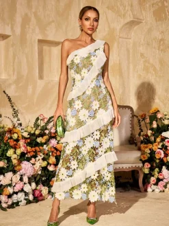 Dresses|Maxi Dresses*Mew Mews Aliona One Shoulder Flower Embroidered Maxi Dress